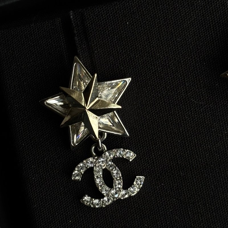 ::CHANEL:: ABA907 幸運之星 帶鑽雙C耳環 Crystal CC Star Drop Earrings Silver Gold-4
