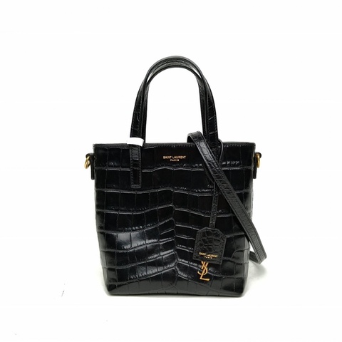 SAINT LAURENT 黑色牛皮金扣minitote鱷魚壓紋手提斜挎包