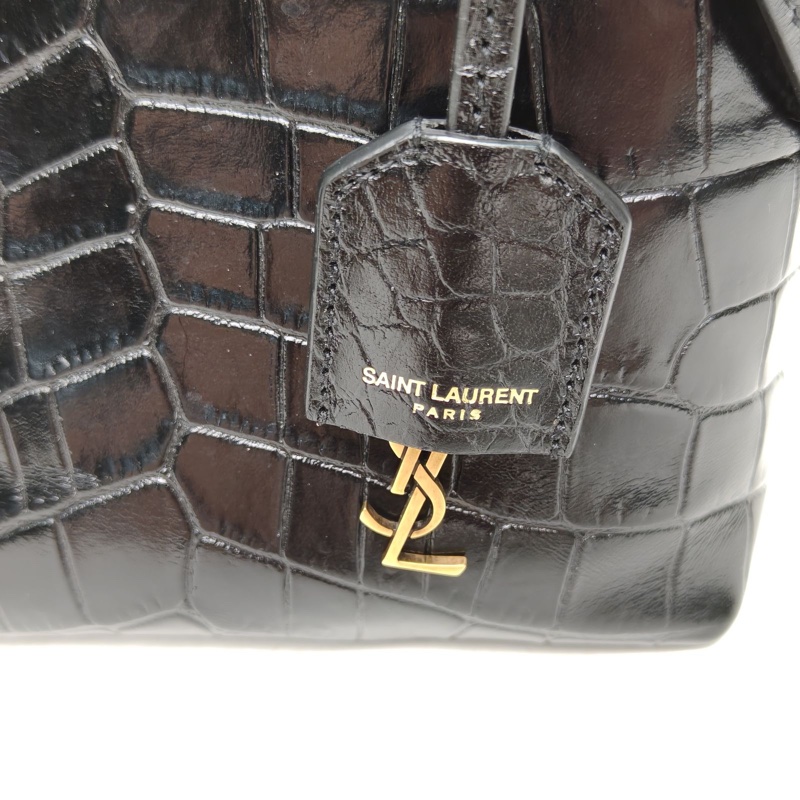 SAINT LAURENT 黑色牛皮金扣minitote鱷魚壓紋手提斜挎包-4