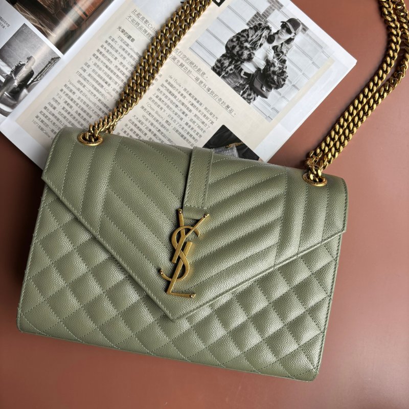 中號 :: Saint Laurent:: YSL Envelope 鼠尾草綠 粒面絎縫皮革金釦信封金鏈包 斜背包 肩背包-2