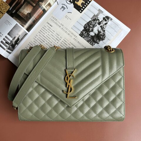中號 :: Saint Laurent:: YSL Envelope 鼠尾草綠 粒面絎縫皮革金釦信封金鏈包 斜背包 肩背包