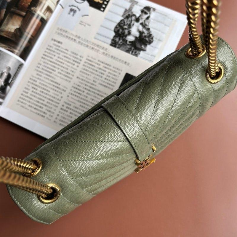 中號 :: Saint Laurent:: YSL Envelope 鼠尾草綠 粒面絎縫皮革金釦信封金鏈包 斜背包 肩背包-1