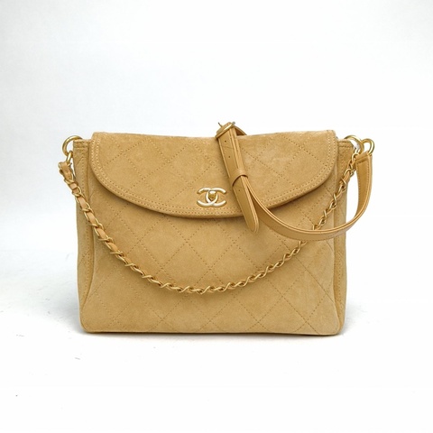 CHANEL 26C麂皮hobo郵差包米駝色晶片開金扣