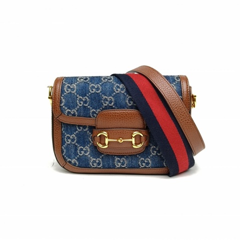 GUCCI Horsebit馬銜扣1955馬鞍包Mini牛仔藍帆布金扣