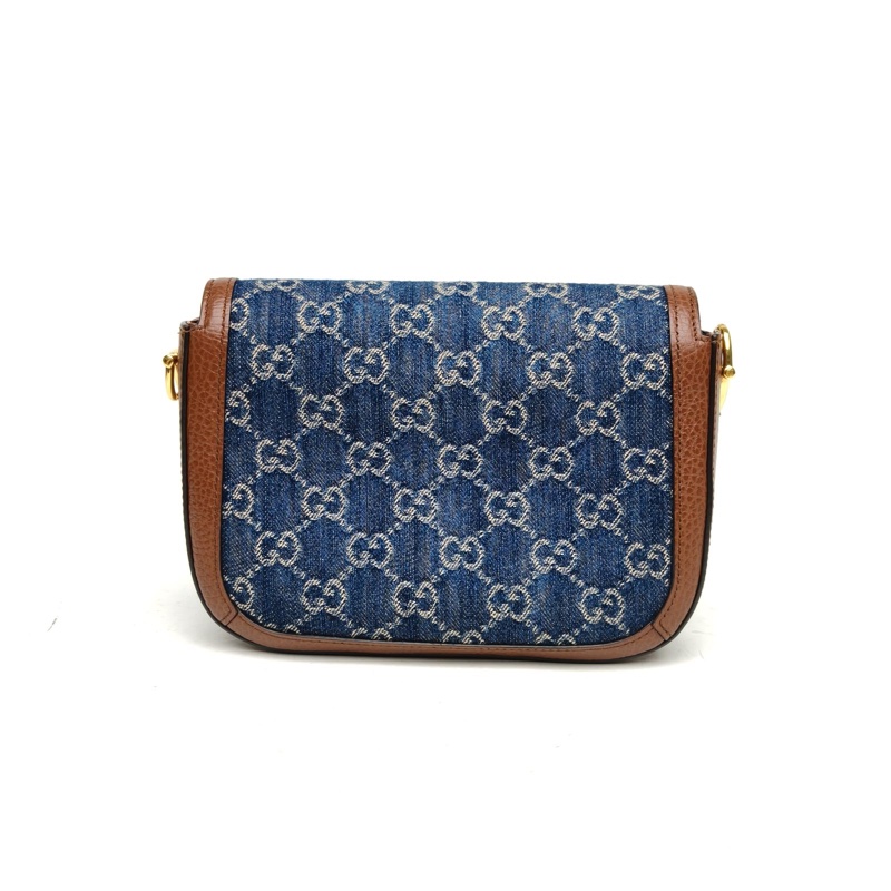 GUCCI Horsebit馬銜扣1955馬鞍包Mini牛仔藍帆布金扣-2