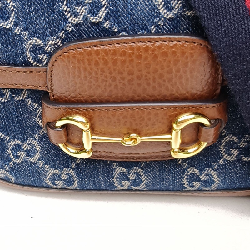 GUCCI Horsebit馬銜扣1955馬鞍包Mini牛仔藍帆布金扣-4