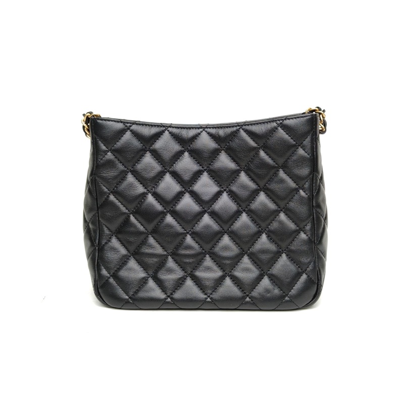 CHANEL 22S金球菱格紋HOBO斜挎包黑色羊皮晶片金扣-2
