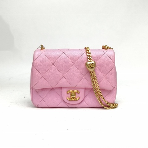 CHANEL 23PCF口蓋包粉色荔枝牛皮晶片開金扣愛心金球肩帶