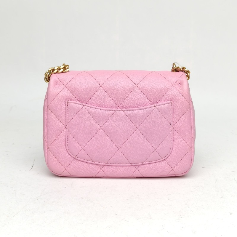 CHANEL 23PCF口蓋包粉色荔枝牛皮晶片開金扣愛心金球肩帶-2