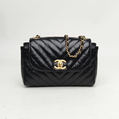 CHANEL 黑色牛皮26開金扣CF口蓋包mini方胖子V紋斜挎包