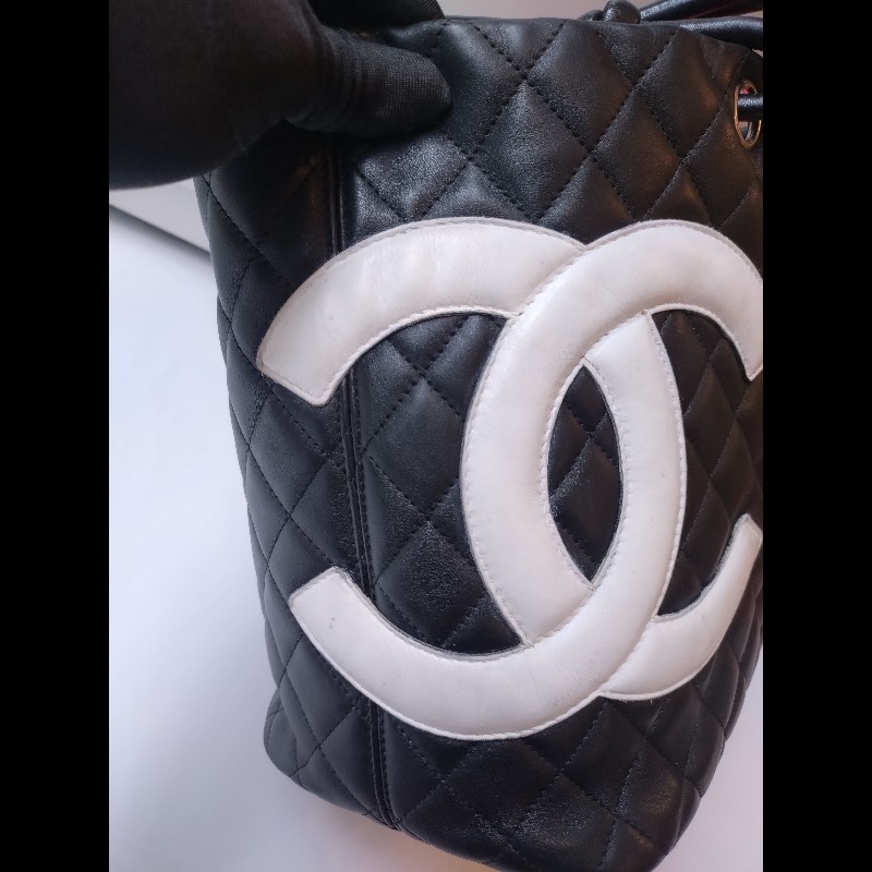 Chanel 黑底白雙C康朋大托特包-5
