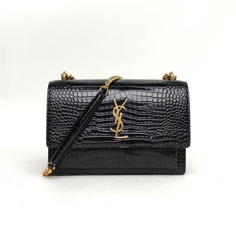 SAINT LAURENT SUNSET日落包中號22鱷魚壓紋黑色牛皮金扣
