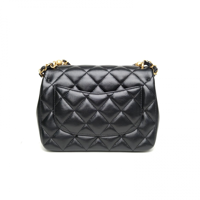 CHANEL CF口蓋包黑色羊皮晶片開金扣珍珠皮穿三鏈手柄-2