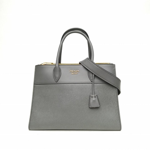 PRADA 深灰牛皮金扣經典saffiano十字紋托特包手提包