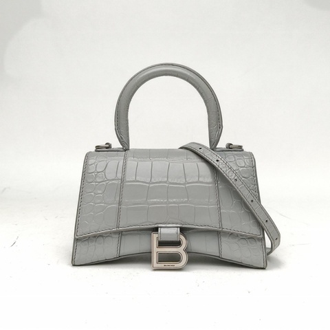BALENCIAGA 鱷魚壓紋Hourglass沙漏手袋XS碼銀扣灰色牛皮