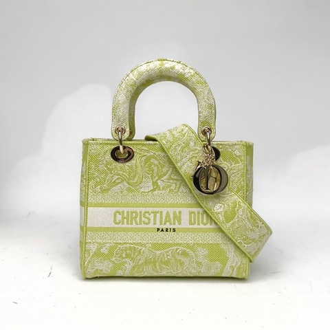 DIOR LadyD-Lite戴妃包中號綠色帆布金扣印花刺繡