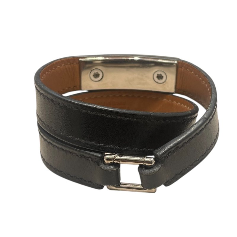 HERMES 愛馬仕 RIVALE 雙圈手環 皮革 黑色 銀釦 XS-1