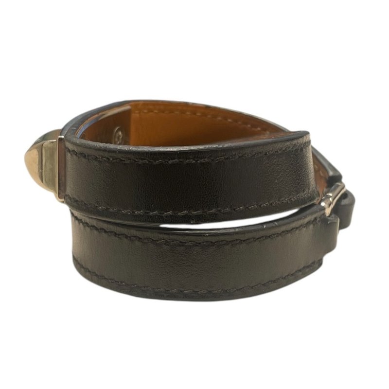 HERMES 愛馬仕 RIVALE 雙圈手環 皮革 黑色 銀釦 XS-2