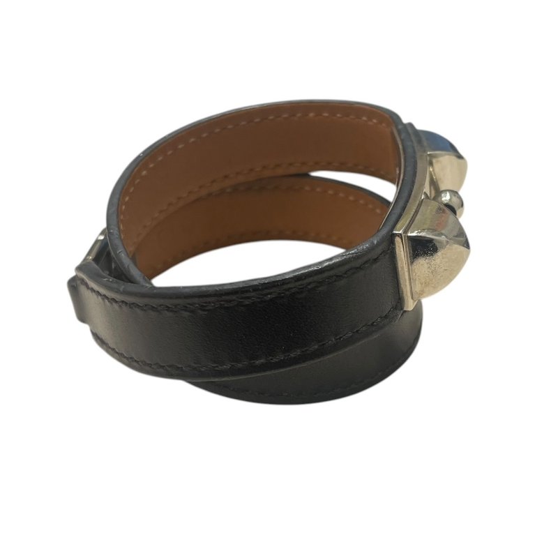 HERMES 愛馬仕 RIVALE 雙圈手環 皮革 黑色 銀釦 XS-3