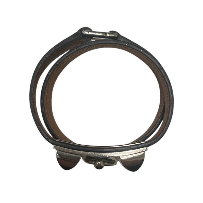 HERMES 愛馬仕 RIVALE 雙圈手環 皮革 黑色 銀釦 XS-4