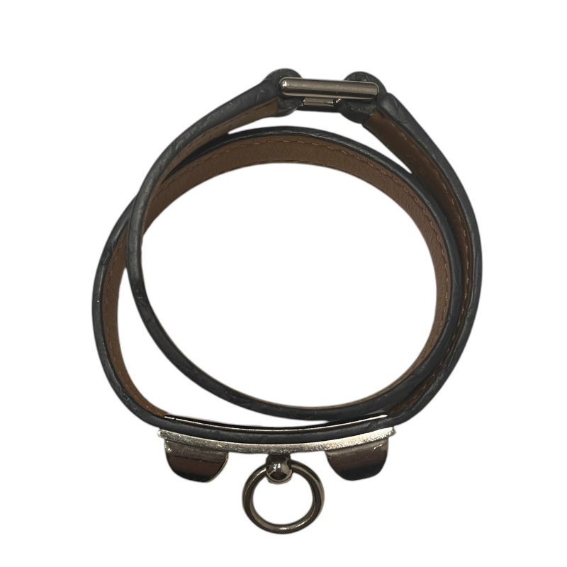 HERMES 愛馬仕 RIVALE 雙圈手環 皮革 黑色 銀釦 XS-5