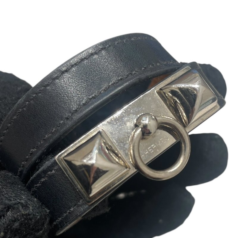 HERMES 愛馬仕 RIVALE 雙圈手環 皮革 黑色 銀釦 XS-6