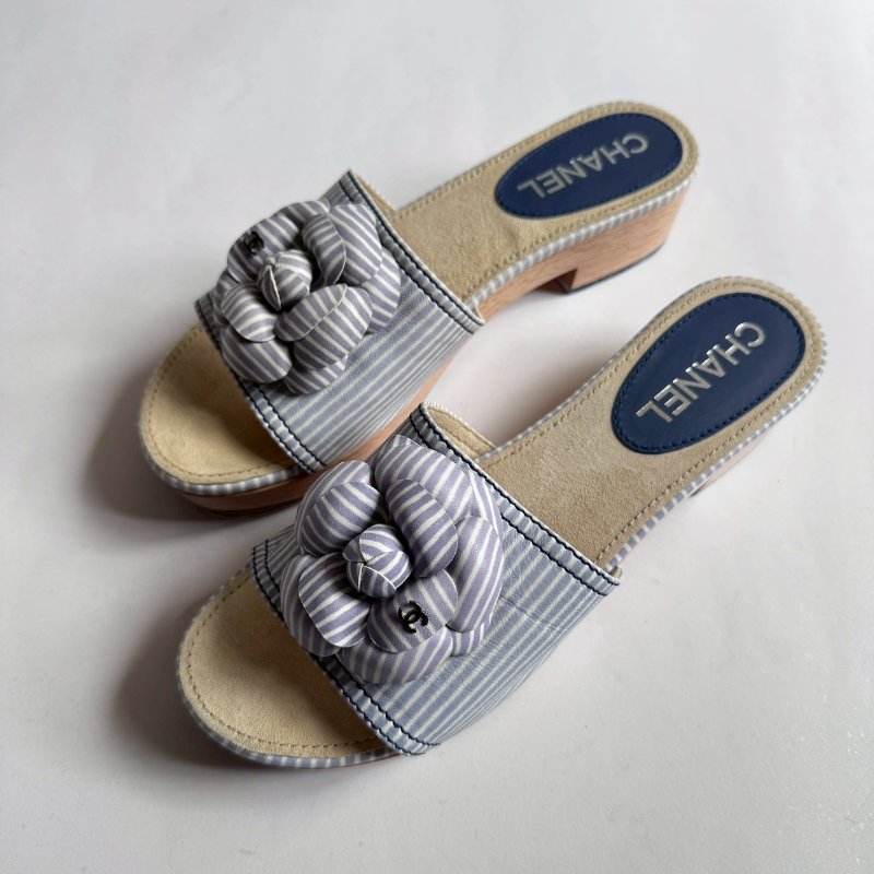 🤍清純款💙Chanel 藍白色山茶花低跟涼鞋38-0