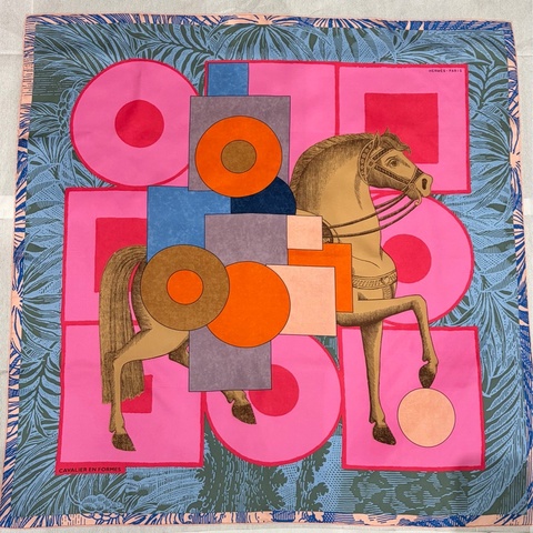 HERMES Cavalier En Formes 馬 駿馬 圖形騎士 方巾 絲巾 90ㄨ90