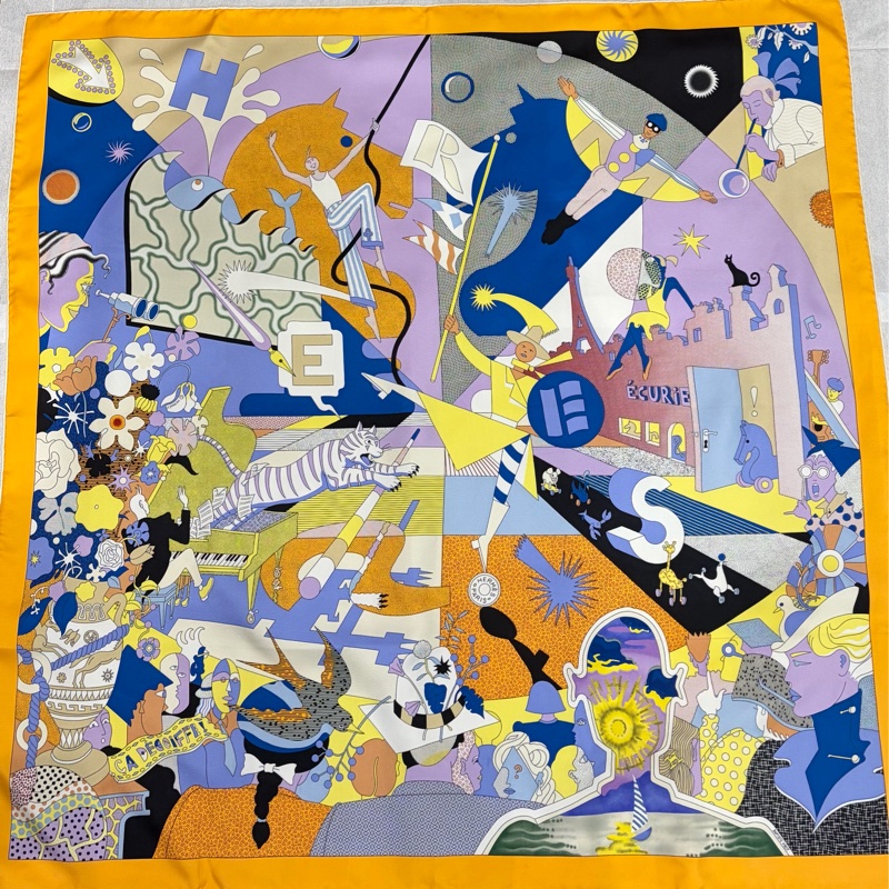 HERMES 愛馬仕 多色 絲質 CA DECOIFFE 人偶 動物 90ㄨ90 絲巾-0