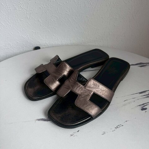 💖全網最低價 Hermes 香檳色真皮涼拖36.5