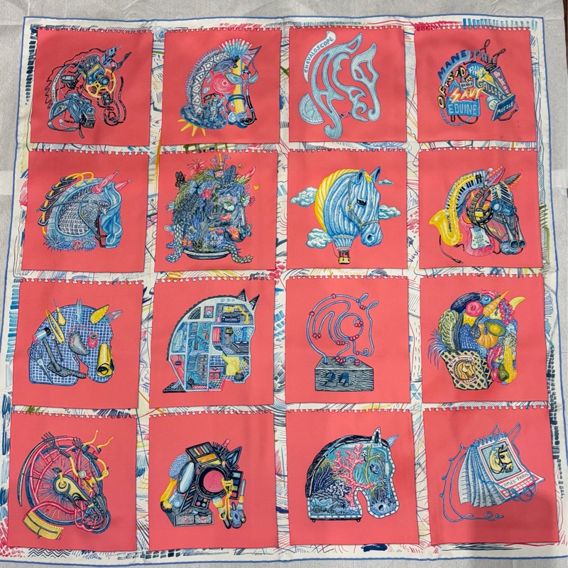 HERMES Chevaloscope 桃粉橘 藍色 多彩 趣味 百變造型 馬頭方形 90ㄨ90 絲巾-0