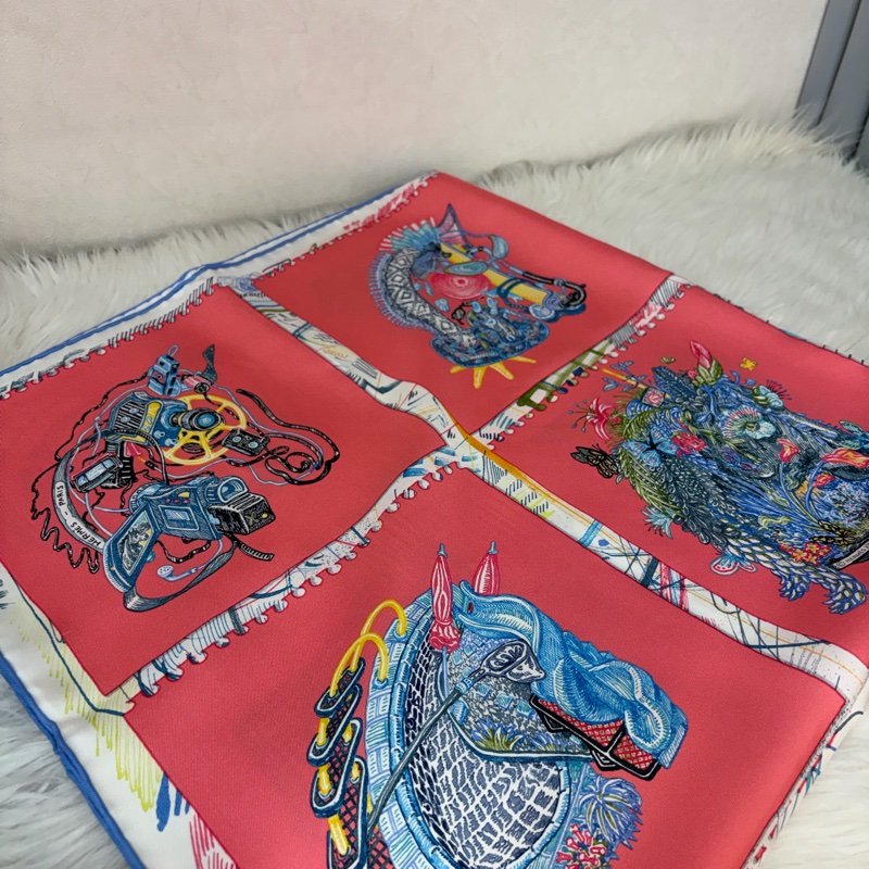 HERMES Chevaloscope 桃粉橘 藍色 多彩 趣味 百變造型 馬頭方形 90ㄨ90 絲巾-3