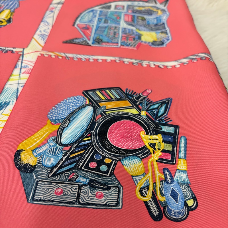 HERMES Chevaloscope 桃粉橘 藍色 多彩 趣味 百變造型 馬頭方形 90ㄨ90 絲巾-4