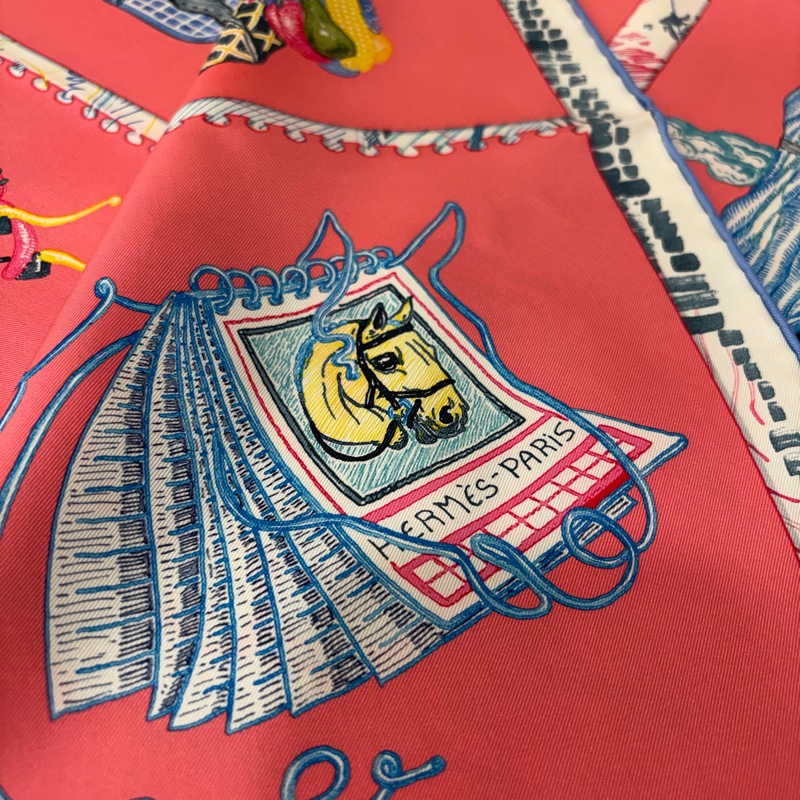 HERMES Chevaloscope 桃粉橘 藍色 多彩 趣味 百變造型 馬頭方形 90ㄨ90 絲巾-8