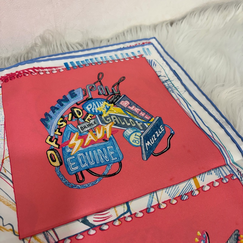 HERMES Chevaloscope 桃粉橘 藍色 多彩 趣味 百變造型 馬頭方形 90ㄨ90 絲巾-11