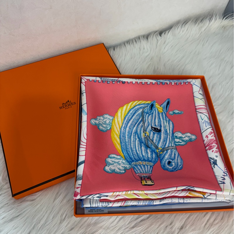 HERMES Chevaloscope 桃粉橘 藍色 多彩 趣味 百變造型 馬頭方形 90ㄨ90 絲巾-17