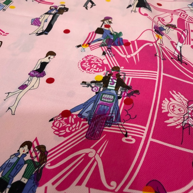 HERMES Ex-Libris les Parisiennes桃粉 圖紋 印花斜紋70ㄨ70 絲 巾方巾-6