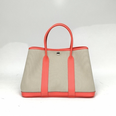 HERMES 花園包30冰川白拼火焰紅NEGONA皮/帆布Y刻銀扣