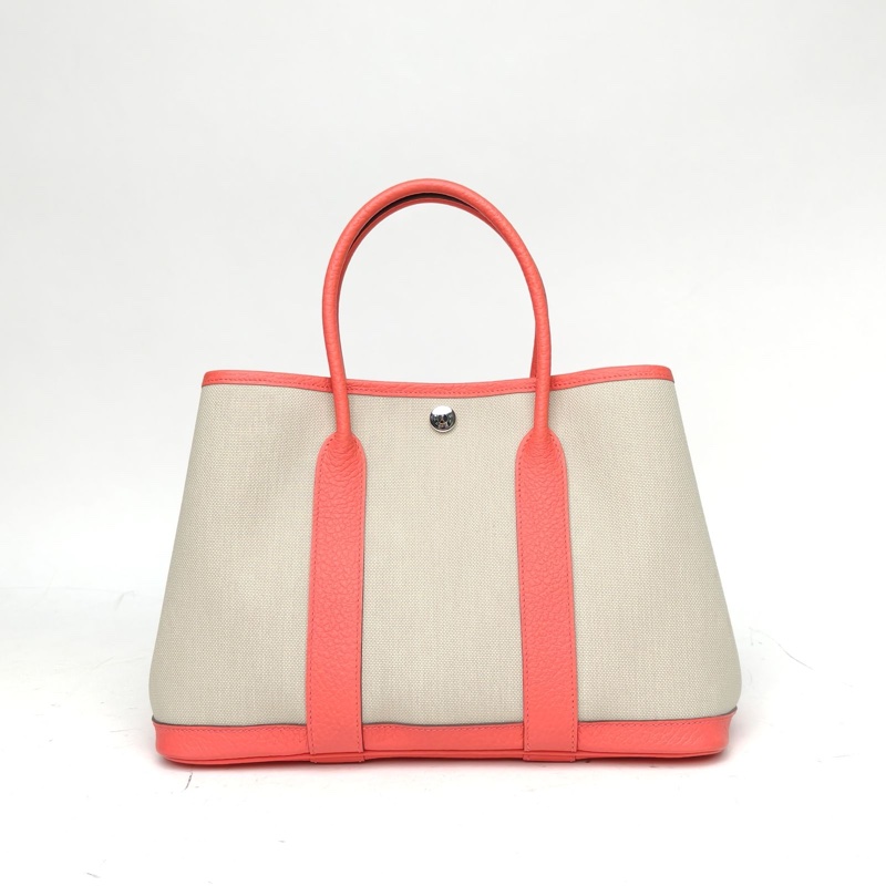 HERMES 花園包30冰川白拼火焰紅NEGONA皮/帆布Y刻銀扣-2