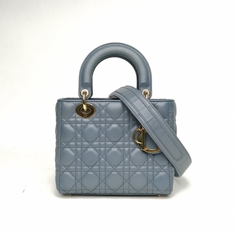 DIOR LadyDior戴妃包四格徽章肩帶霧霾藍羊皮金扣