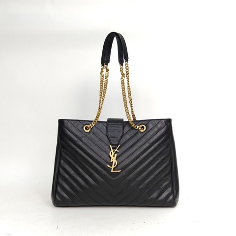 SAINT LAURENT 黑色荔枝牛皮金扣V紋信封單肩托特包