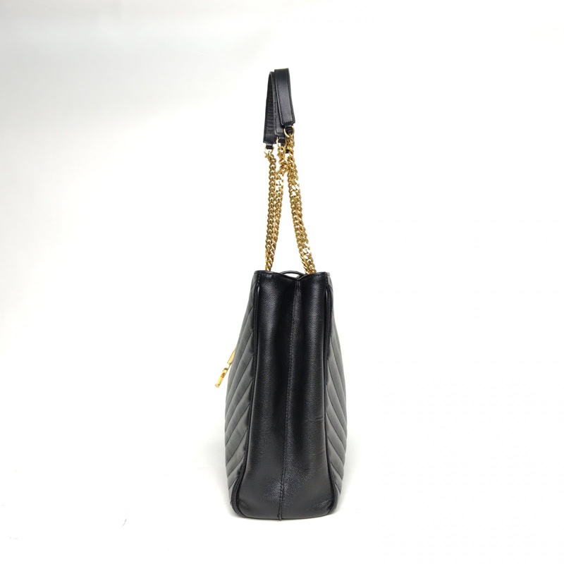 SAINT LAURENT 黑色荔枝牛皮金扣V紋信封單肩托特包-1