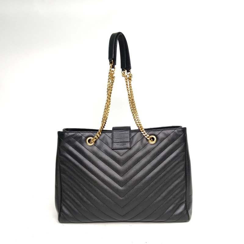 SAINT LAURENT 黑色荔枝牛皮金扣V紋信封單肩托特包-2