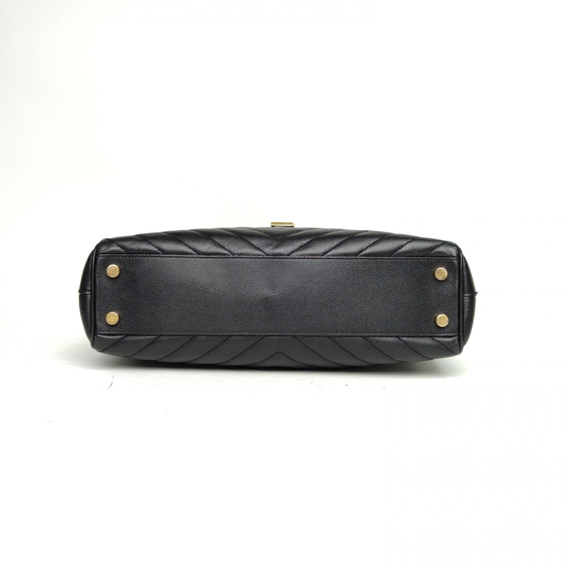 SAINT LAURENT 黑色荔枝牛皮金扣V紋信封單肩托特包-3