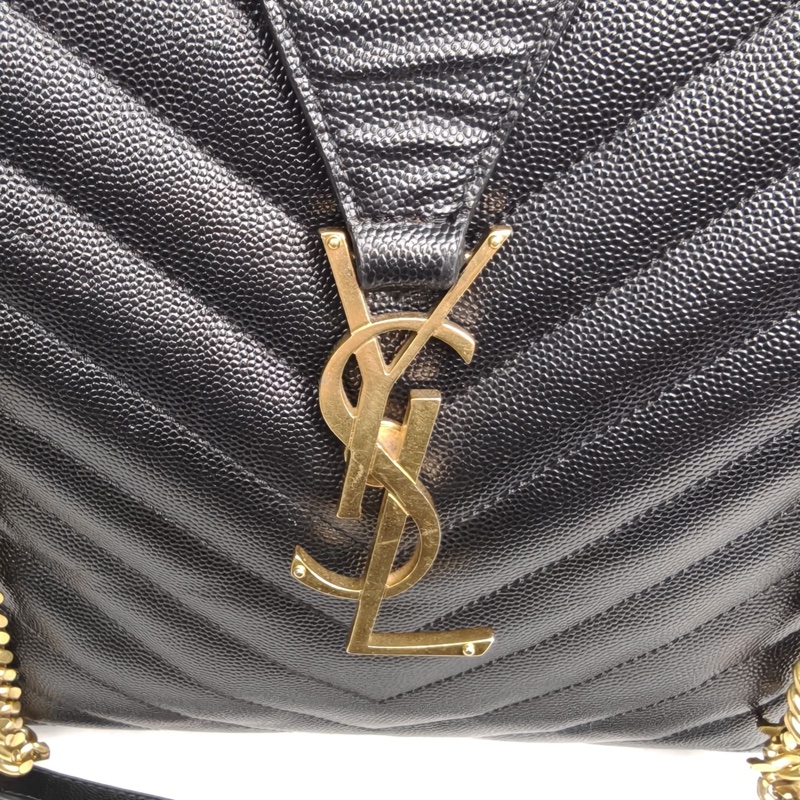 SAINT LAURENT 黑色荔枝牛皮金扣V紋信封單肩托特包-4