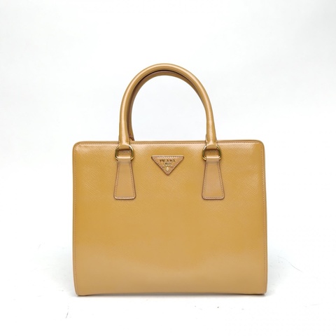 PRADA 奶茶色牛皮風琴季節款蛙口包手提包