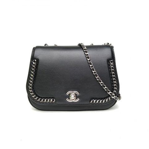 CHANEL 黑色牛皮24開銀扣滾邊鏈條馬鞍包