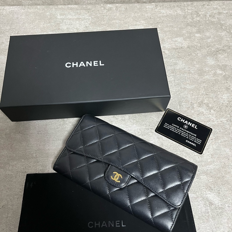 正品 Chanel 經典2折黑金羊皮長夾-0