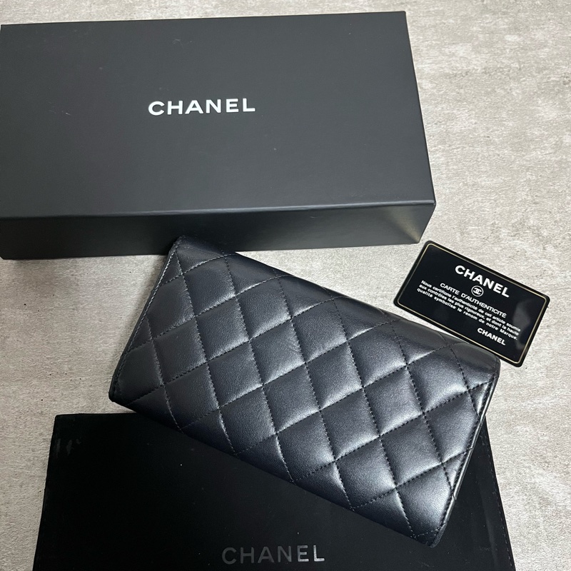 正品 Chanel 經典2折黑金羊皮長夾-1
