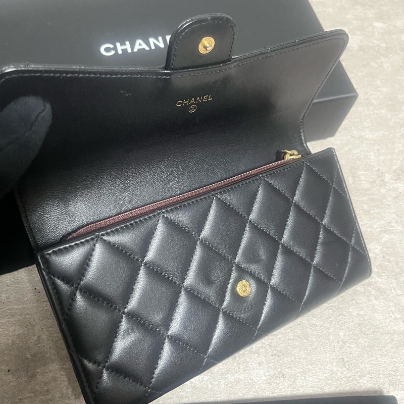 正品 Chanel 經典2折黑金羊皮長夾-2